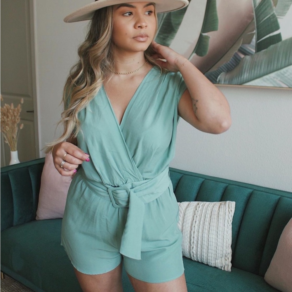 Women's Sage Green Wrap Front Tie-Belt Romper